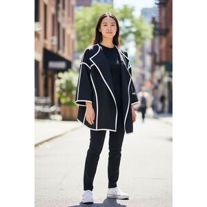 IC by Connie K Black White Contrast Trim Open Front Jacket Made in USA Artsy L